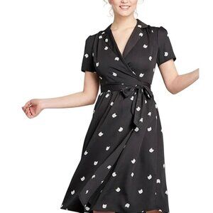 ModCloth Women's Wrap Midi Dress Sz M Black Kitty Cat Print Timeless Tie Front